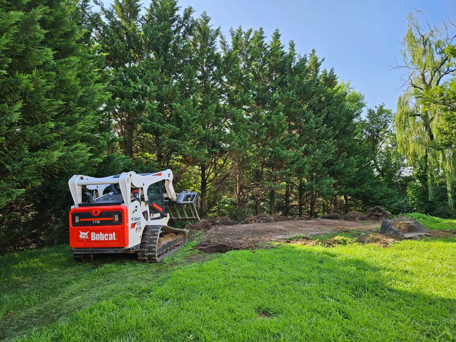 Compact tracked loader beside a cleared area at the edge of a wooded yard