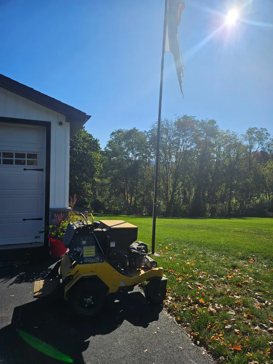 Compact stump grinder on a lawn beside a building