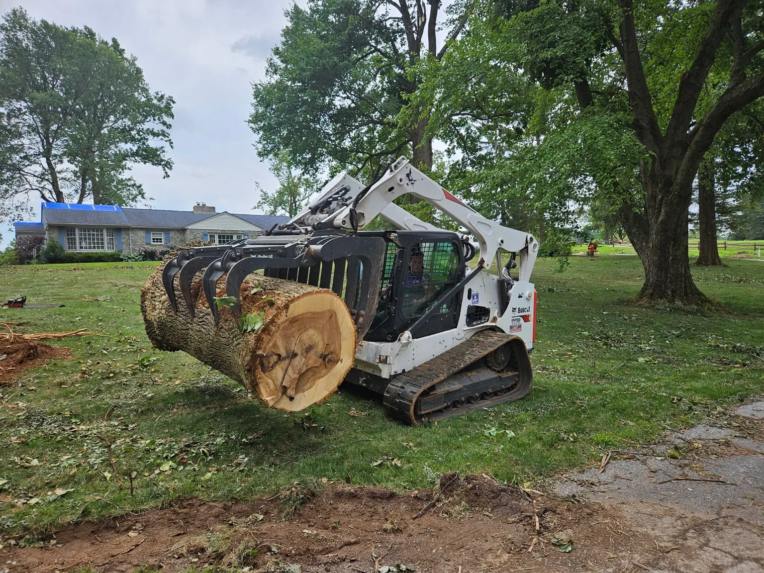 Tracked loader carrying a large section of tree trunk across a lawn